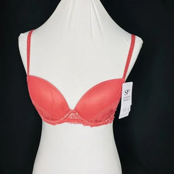 Simone Perele Bra 32C Promesse Padded Rose Pink 3D Plunge Leavers Lace Underwire - Picture 4 of 11